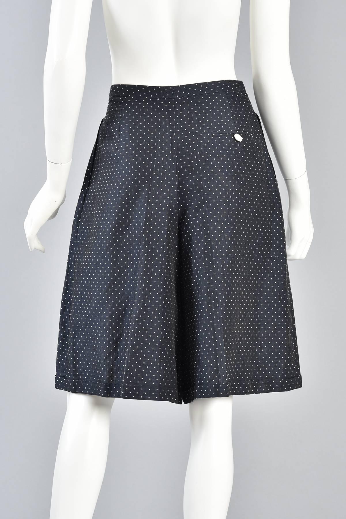 Navy Blue & White Flared Polkadot Culottes Shorts For Sale 5