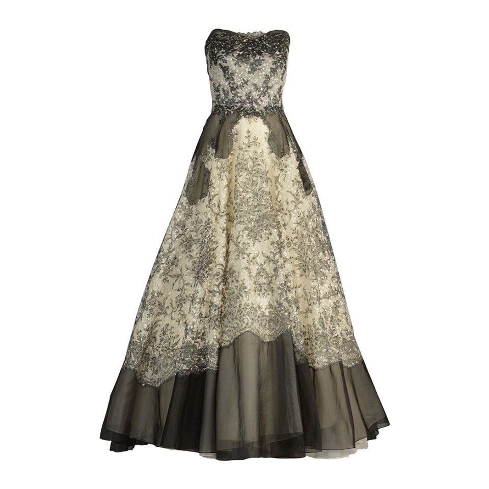Showstopping 1950's Nan Duskin Black and White Organza and Lace Gown For Sale