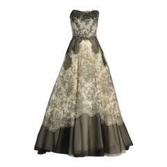 Showstopping 1950's Nan Duskin Black and White Organza and Lace Gown