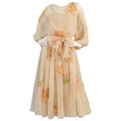 Mignon 1970's Hand Painted Floral Chiffon Dress with Open Sleeves