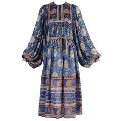 Retro 1970's Bohemian Indian Silk Tent Dress with Giant Blouson Sleeves