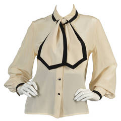 Vintage David Hayes Ivory and Black Silk Blouse with Ascot