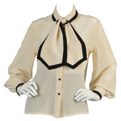 David Hayes Ivory and Black Silk Blouse with Ascot