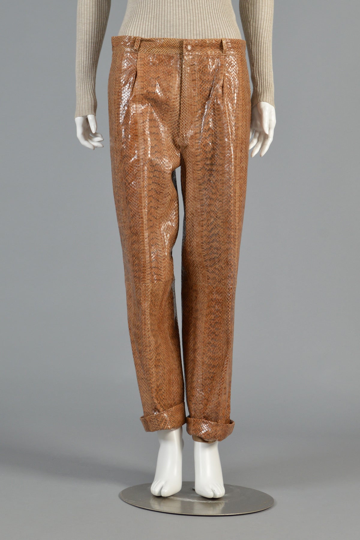 Brown 1980's High-Waisted Genuine Snakeskin Pants For Sale
