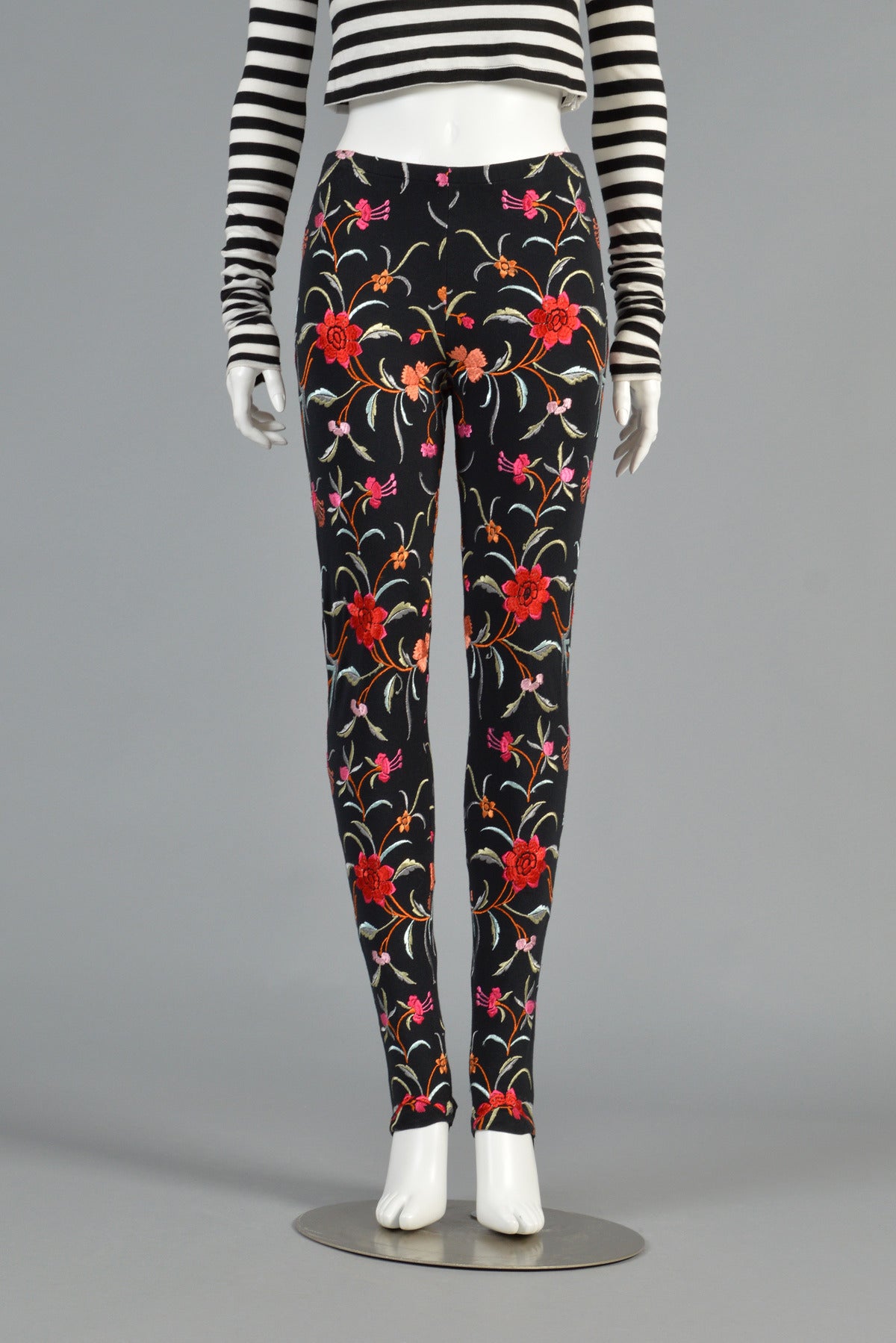 Black 1980s Norma Kamali Floral Embroidered Pants For Sale