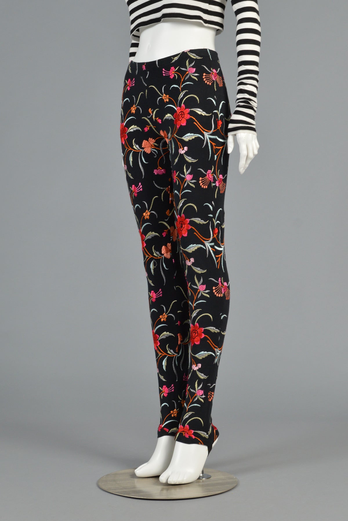 1980s Norma Kamali Floral Embroidered Pants For Sale 2