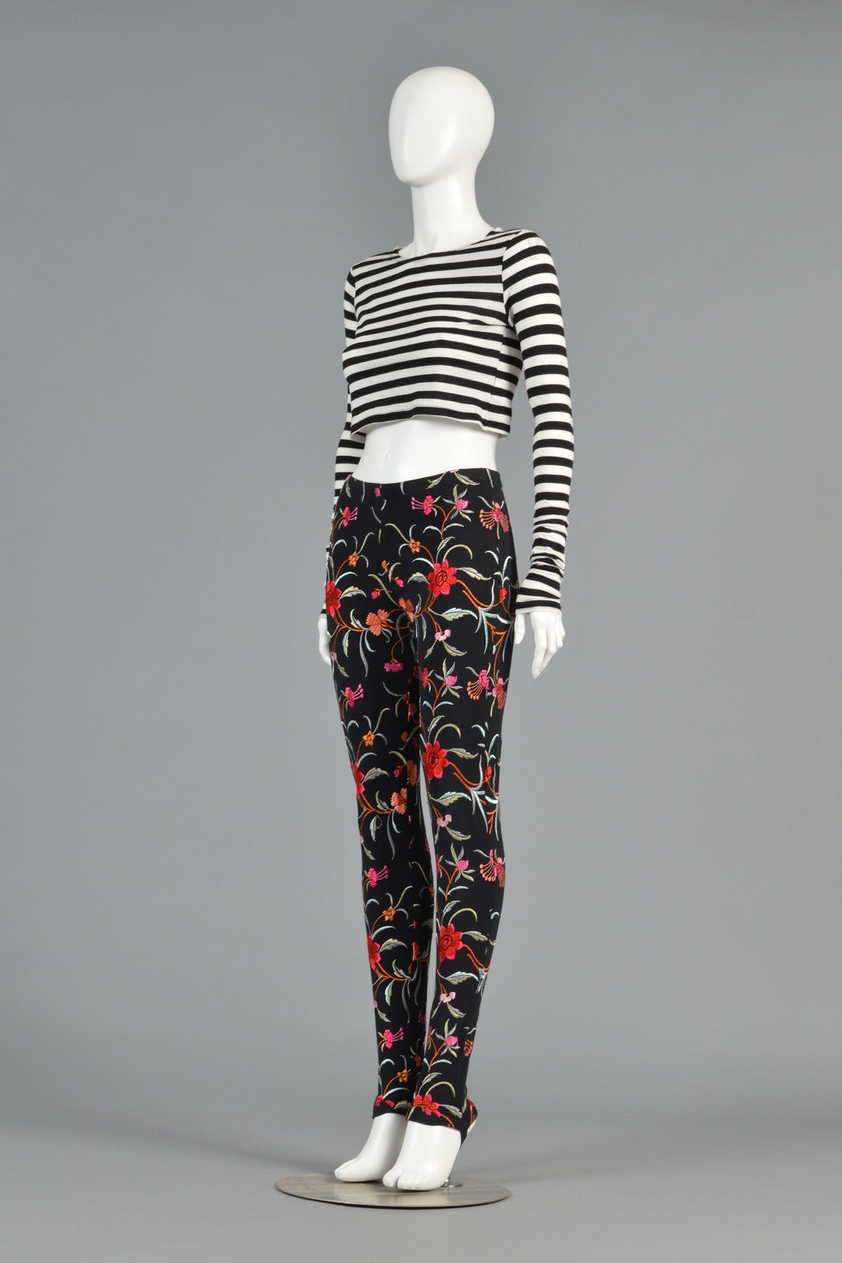 1980s Norma Kamali Floral Embroidered Pants For Sale 1
