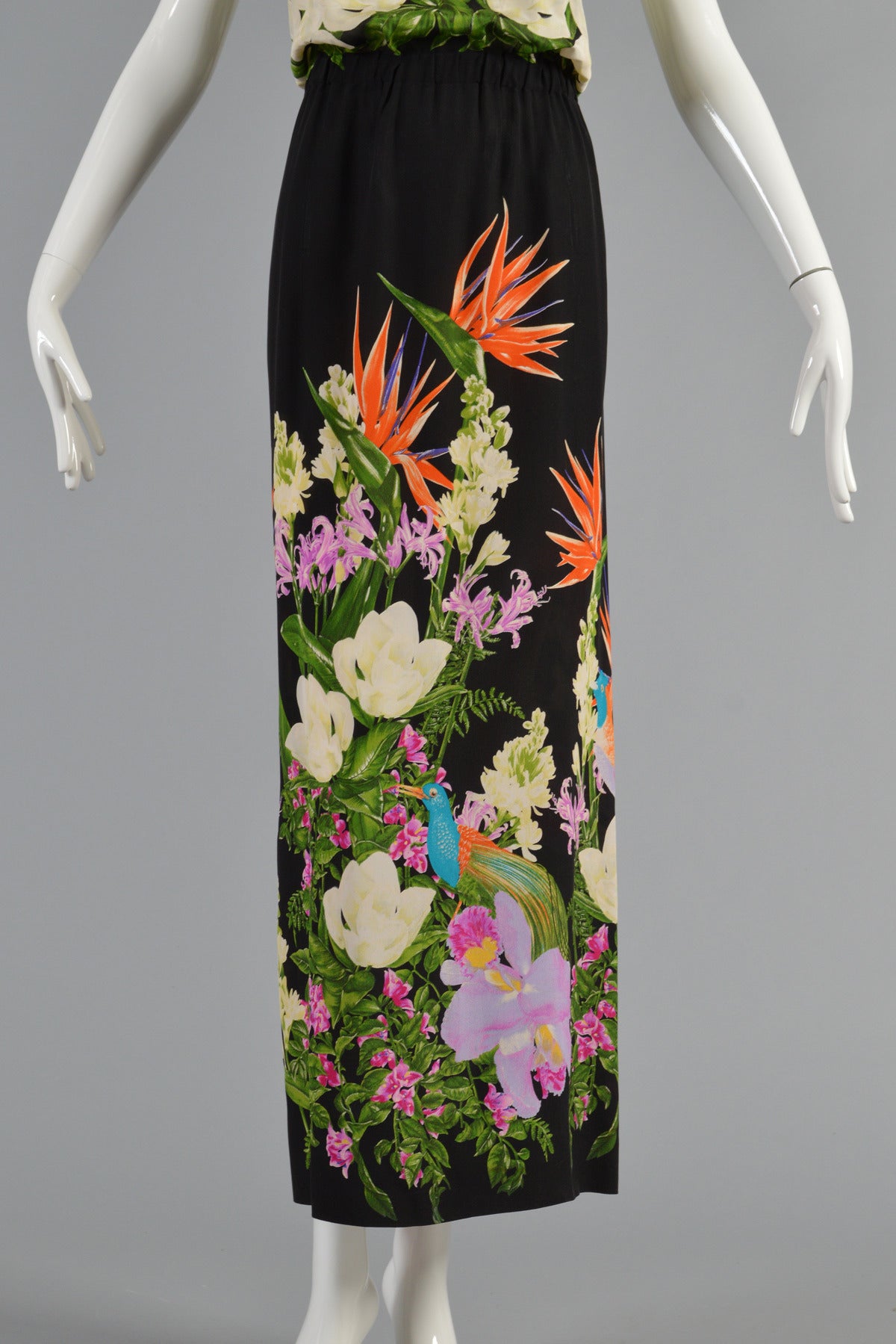 1970s Silk Maxi Dress with Birds of Paradise 1