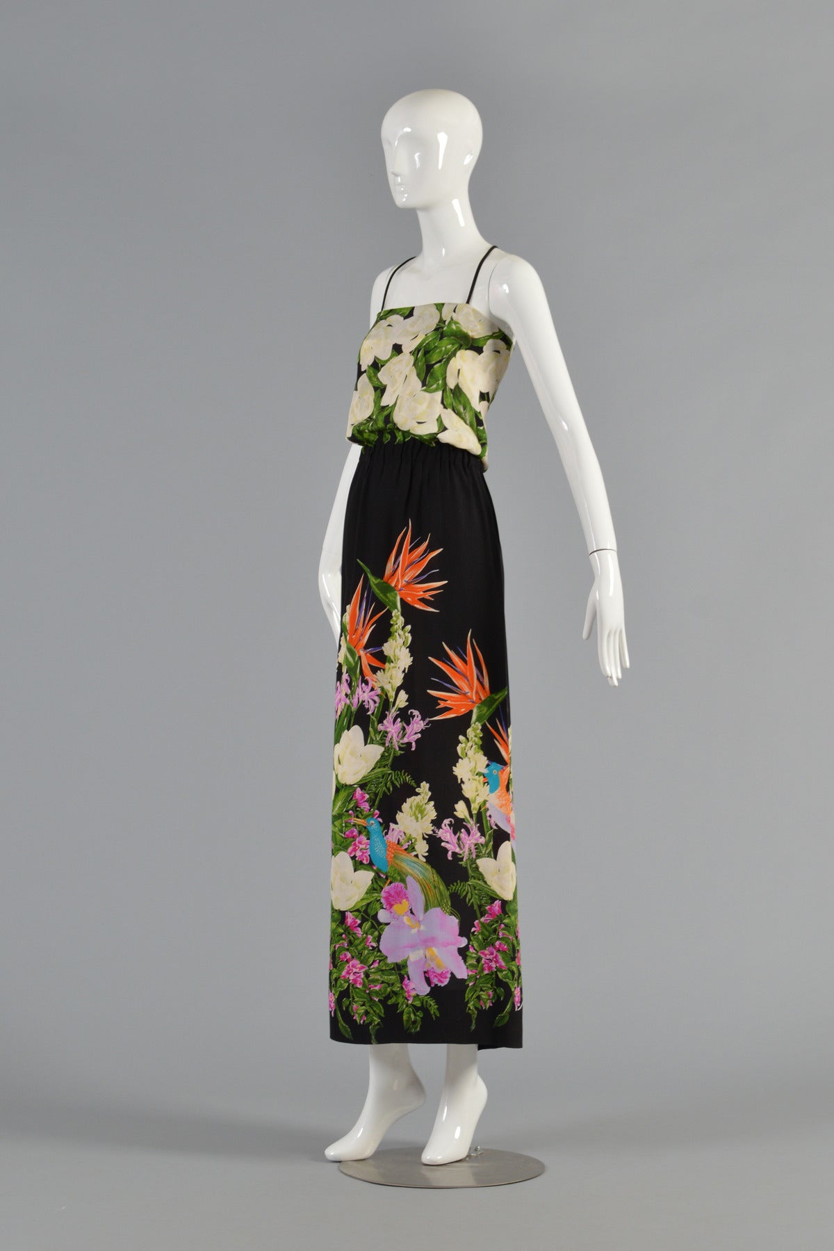 1970s Silk Maxi Dress with Birds of Paradise 4