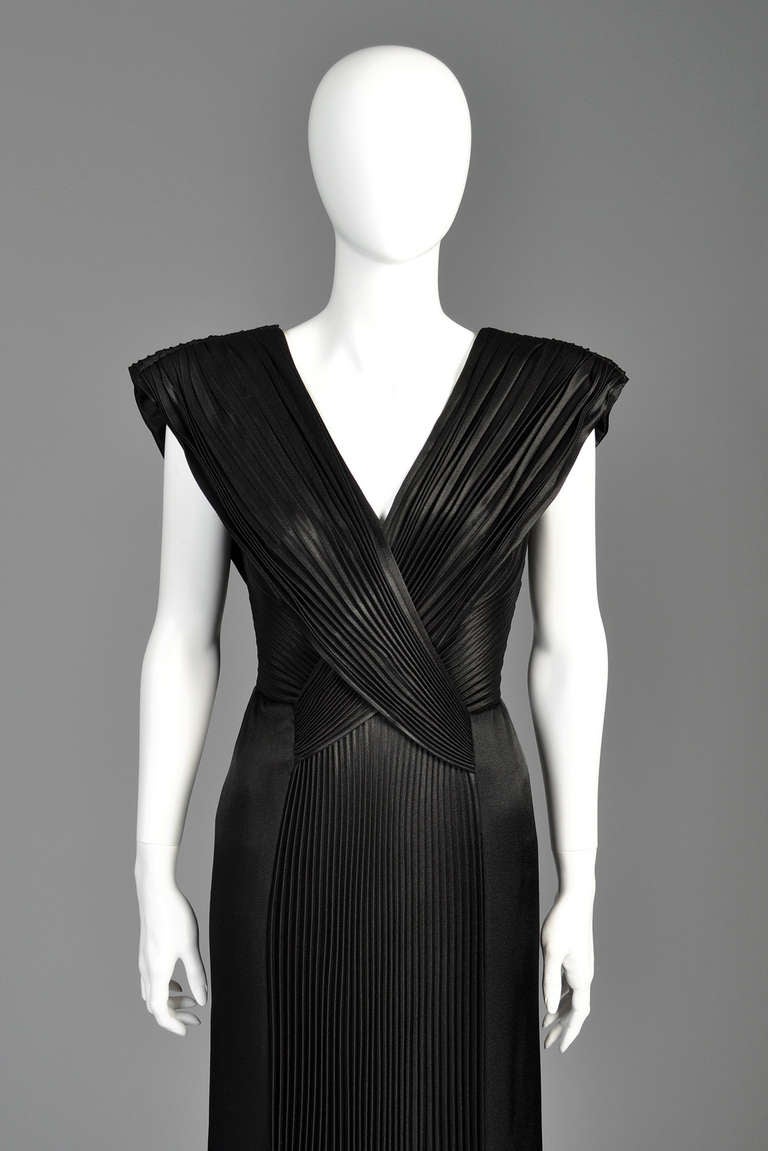 Loris Azzaro Crystal Pleated Plunging Evening Gown In Excellent Condition In Yucca Valley, CA