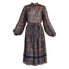 Vintage 1970's Bohemian Indian Silk Dress with Blouson Sleeves