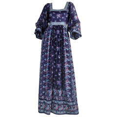 Used 1970s Hand-Blocked Indian Silk Maxi Dress