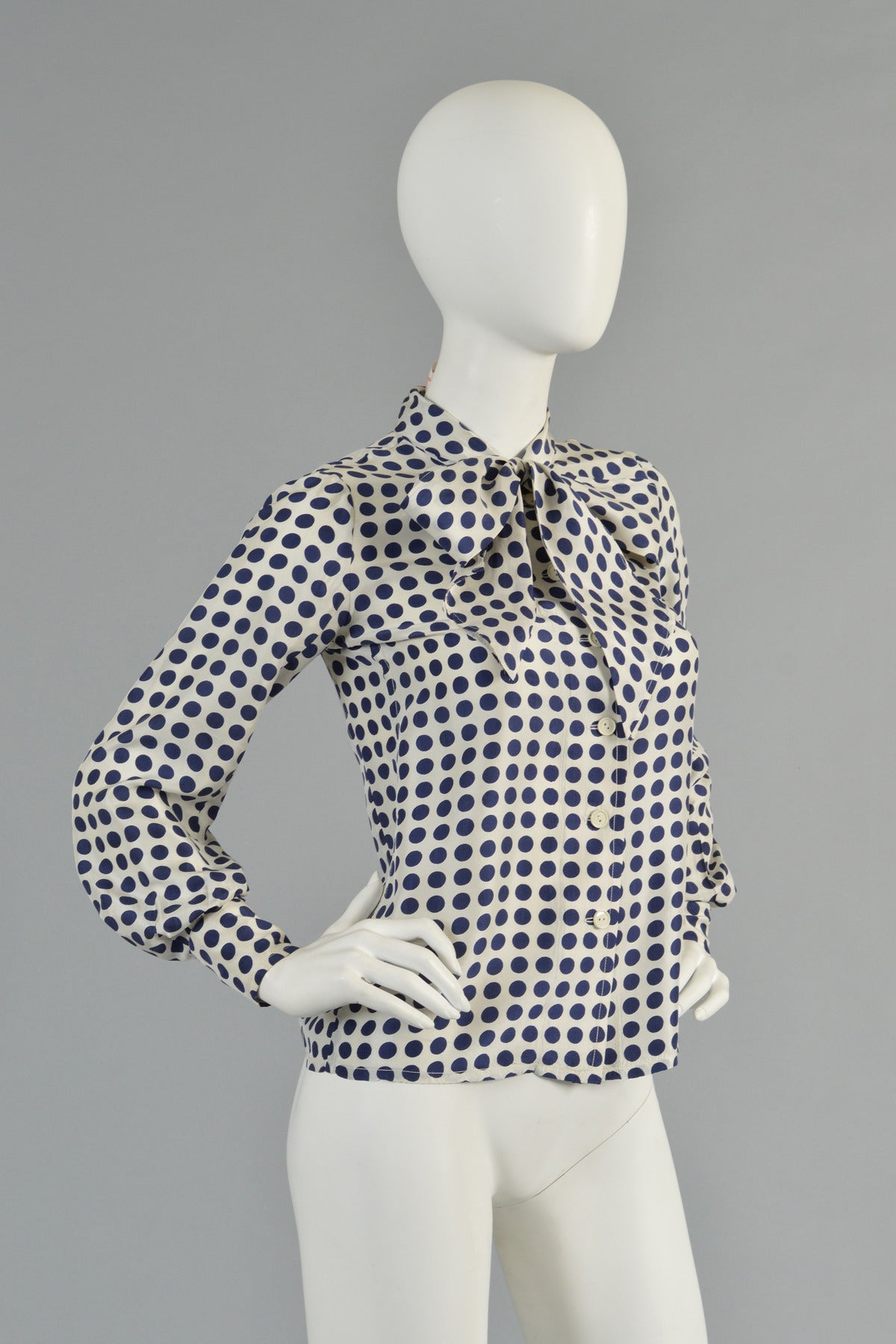 Women's Emanuel Ungaro 1970's Polkadot Silk Blouse with Ascot