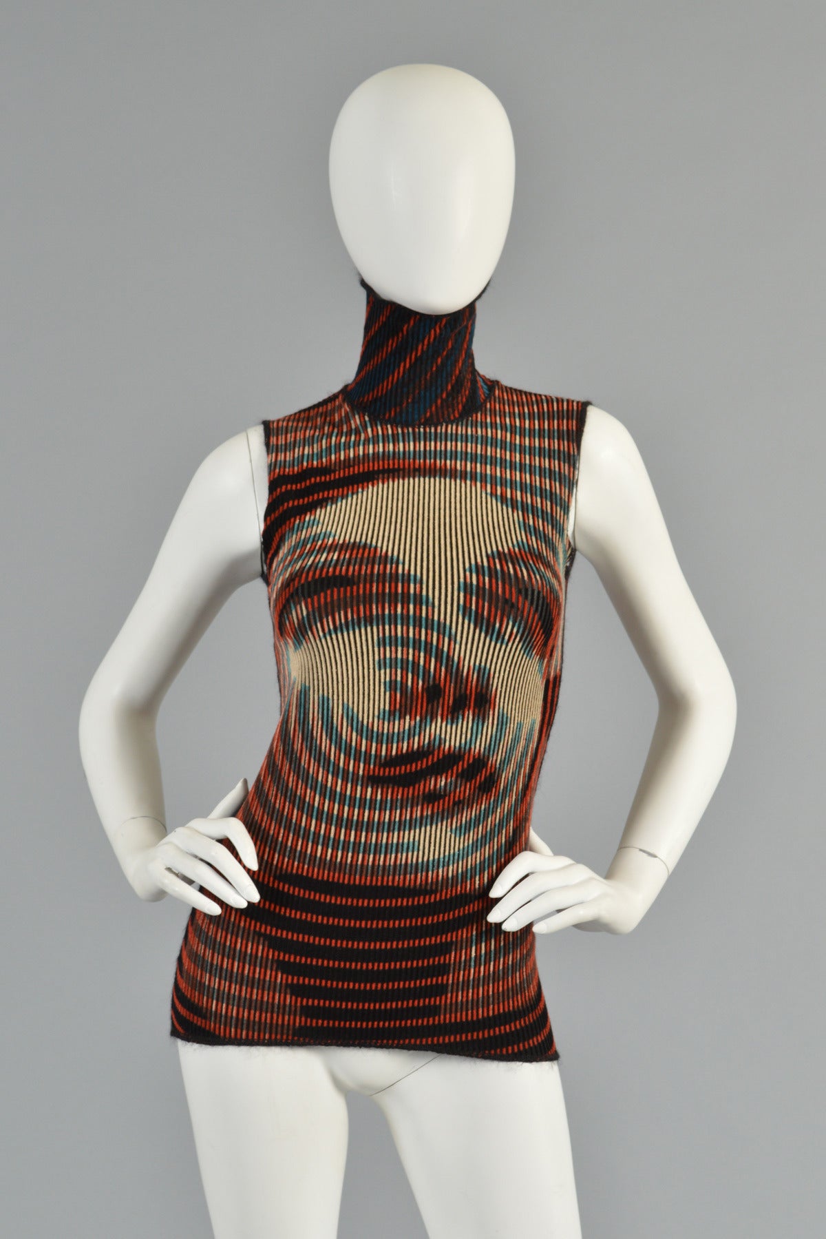 Insane vintage Jean Paul Gaultier unisex op art tunic top. AMAZING piece + ultra rare find. Ultra fitted rib-knit tunic is made from ultra soft silky airbrushed velvet with an incredible portrait of (who we believe to be) Joan Crawford. The pattern