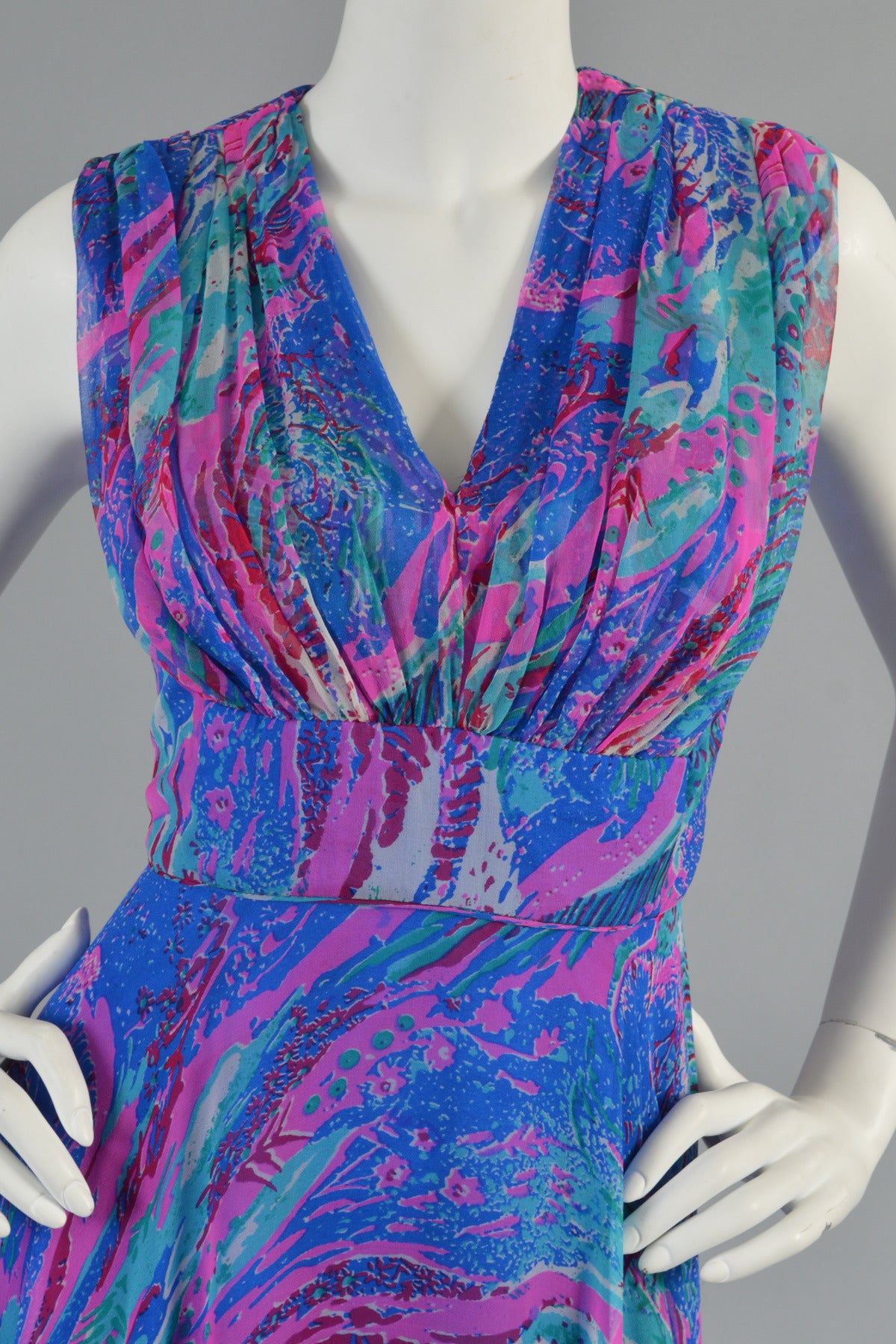 1960's Psychedelic Swirl Silk Chiffon Maxi Dress In Excellent Condition In Yucca Valley, CA