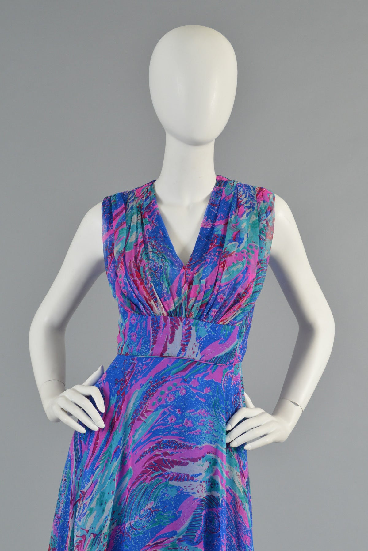 Purple 1960's Psychedelic Swirl Silk Chiffon Maxi Dress