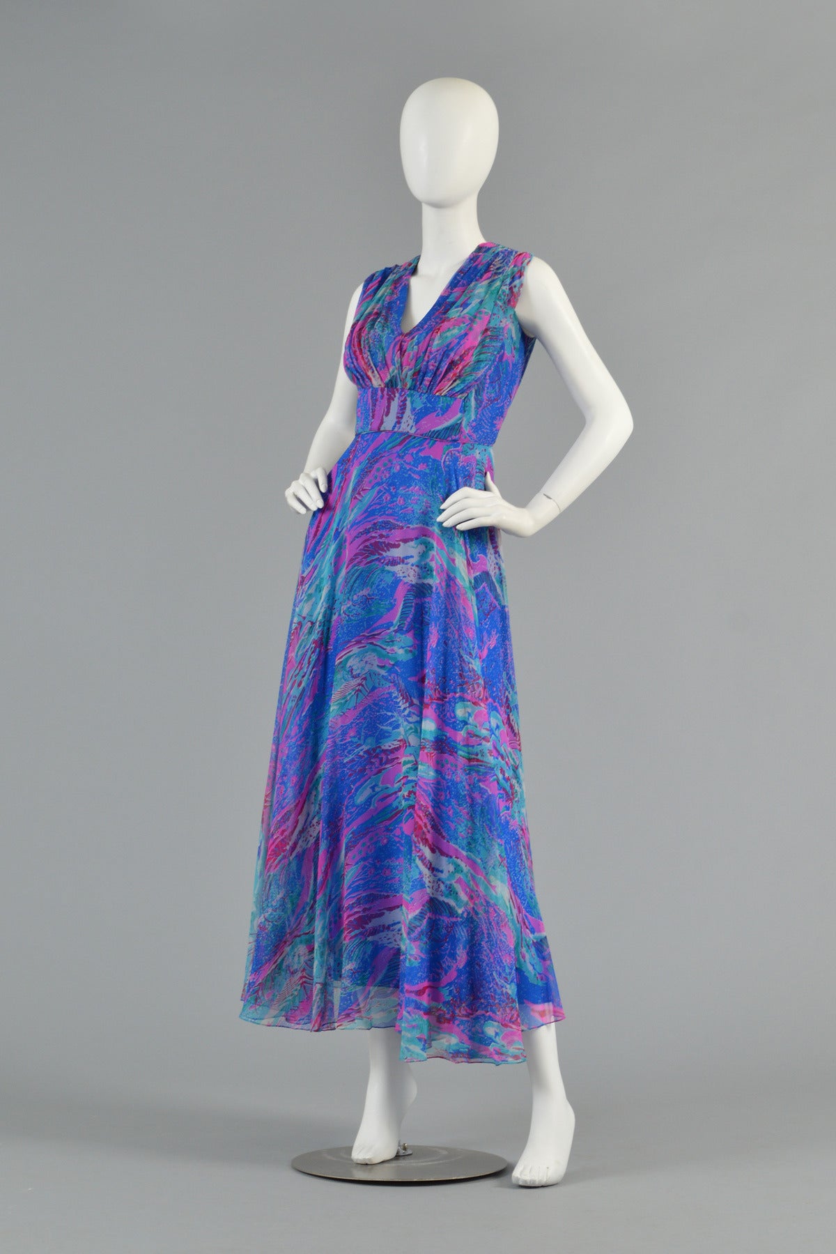 1960's Psychedelic Swirl Silk Chiffon Maxi Dress 1