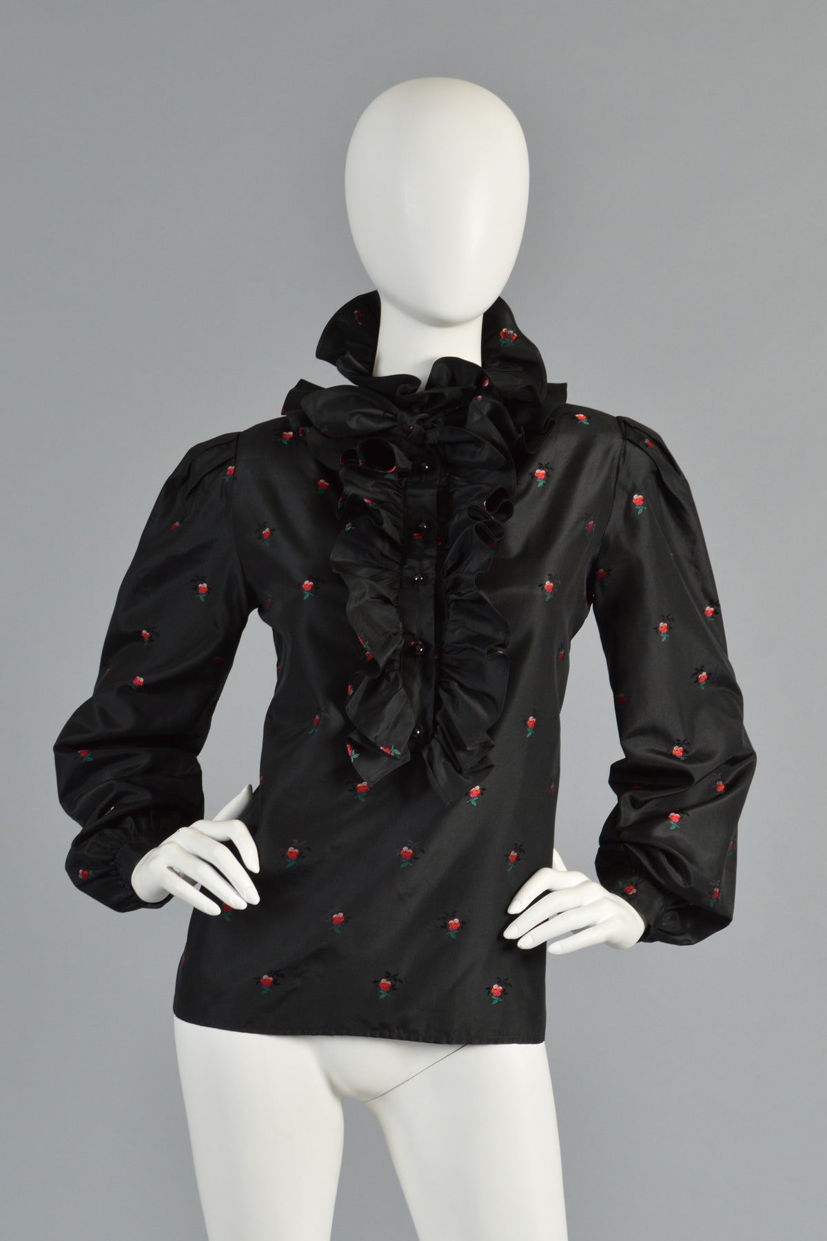1970s Valentino Ruffle Front Floral Blouse with Ascot
