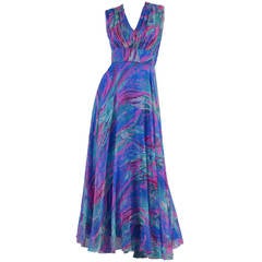 1960's Psychedelic Swirl Silk Chiffon Maxi Dress