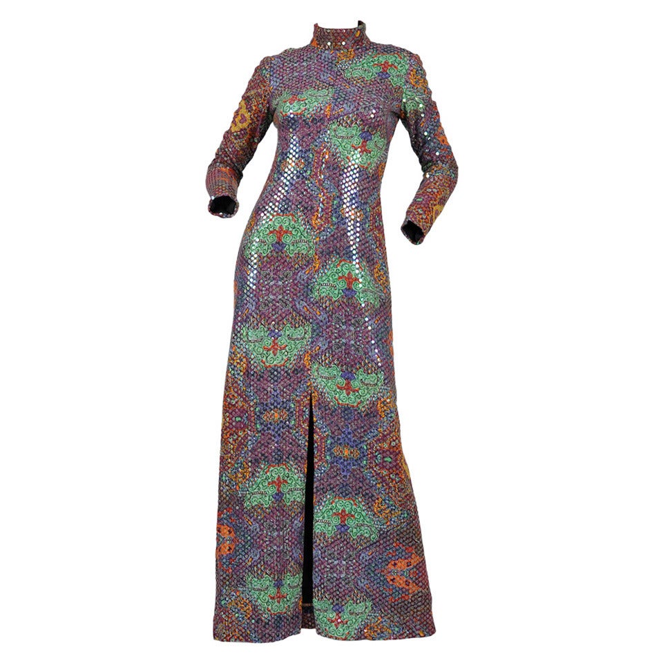 Malcolm Starr 1970s Graphic Sequin Maxi Dress