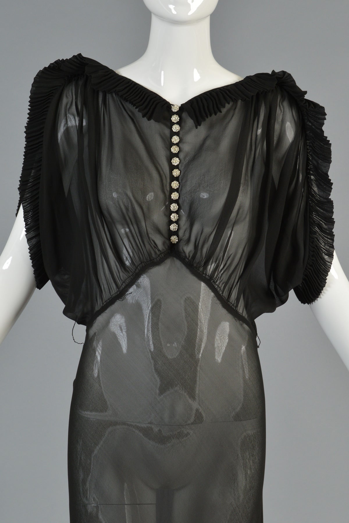 Women's 1930's Black Sheer Evening Gown with Open Draped Sleeves For Sale