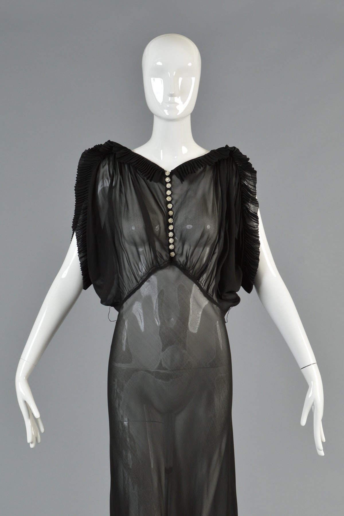 1930's Black Sheer Evening Gown with Open Draped Sleeves In Excellent Condition For Sale In Yucca Valley, CA