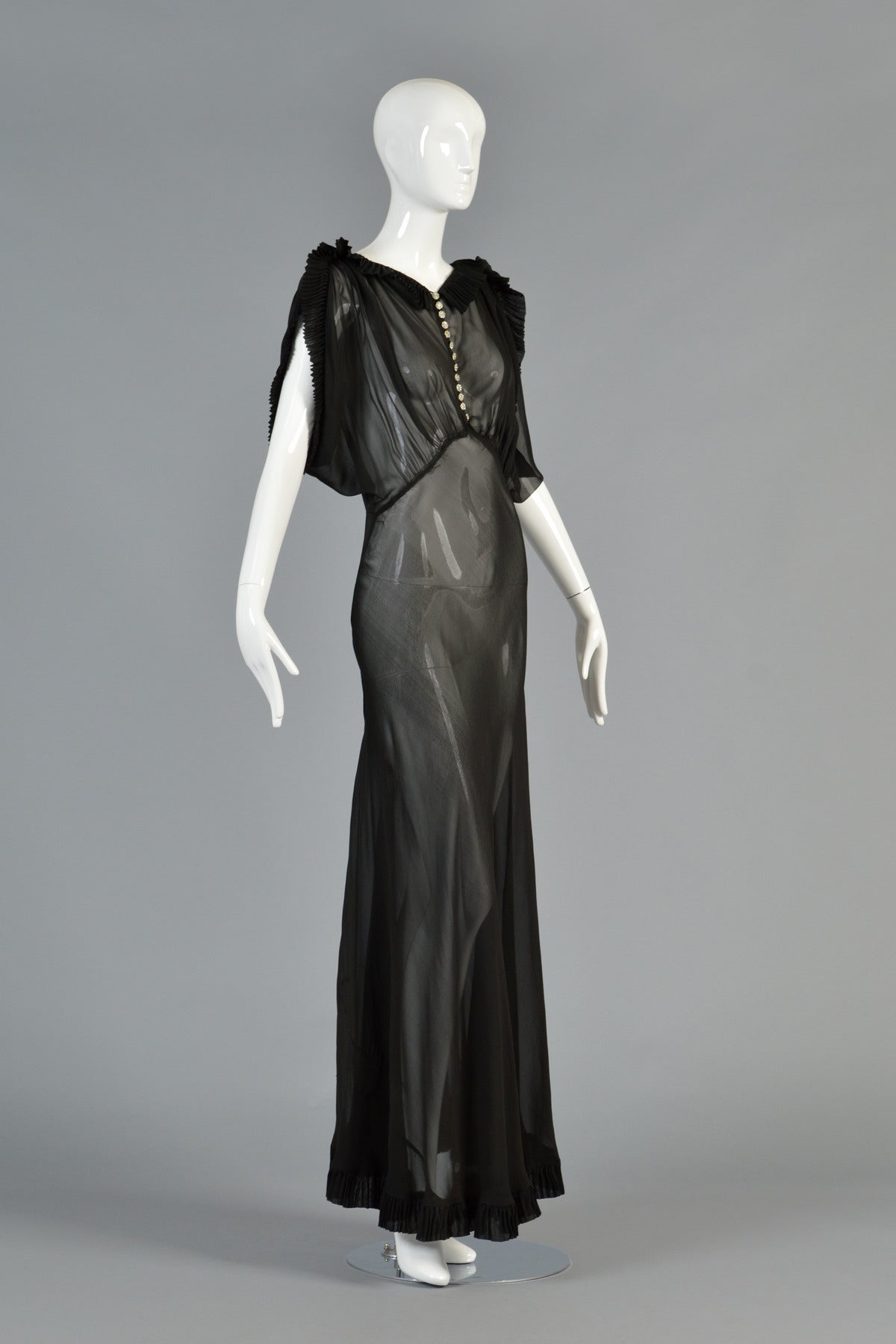 1930's Black Sheer Evening Gown with Open Draped Sleeves For Sale 2