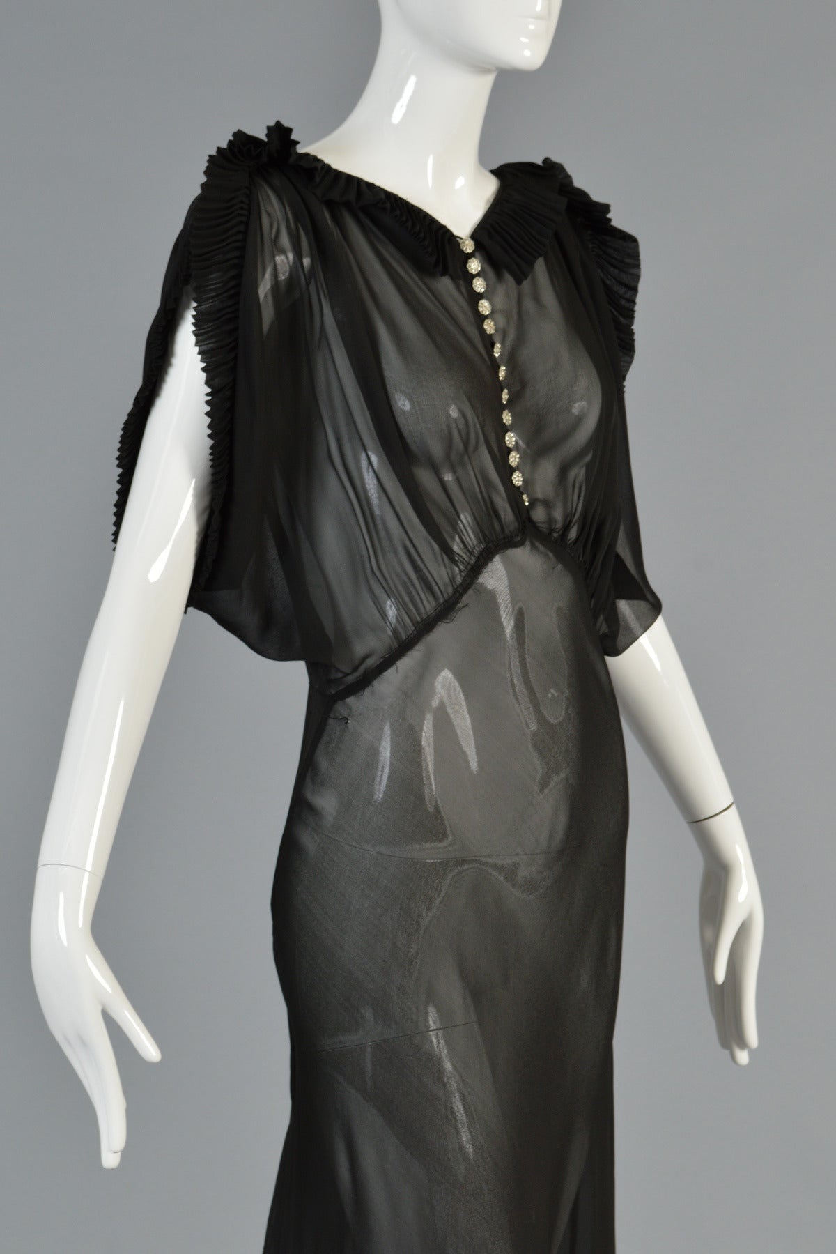 1930's Black Sheer Evening Gown with Open Draped Sleeves For Sale 3