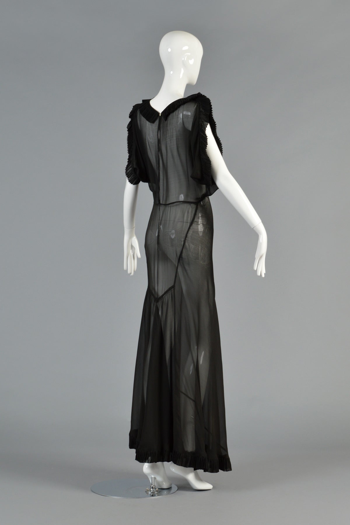 1930's Black Sheer Evening Gown with Open Draped Sleeves For Sale 4