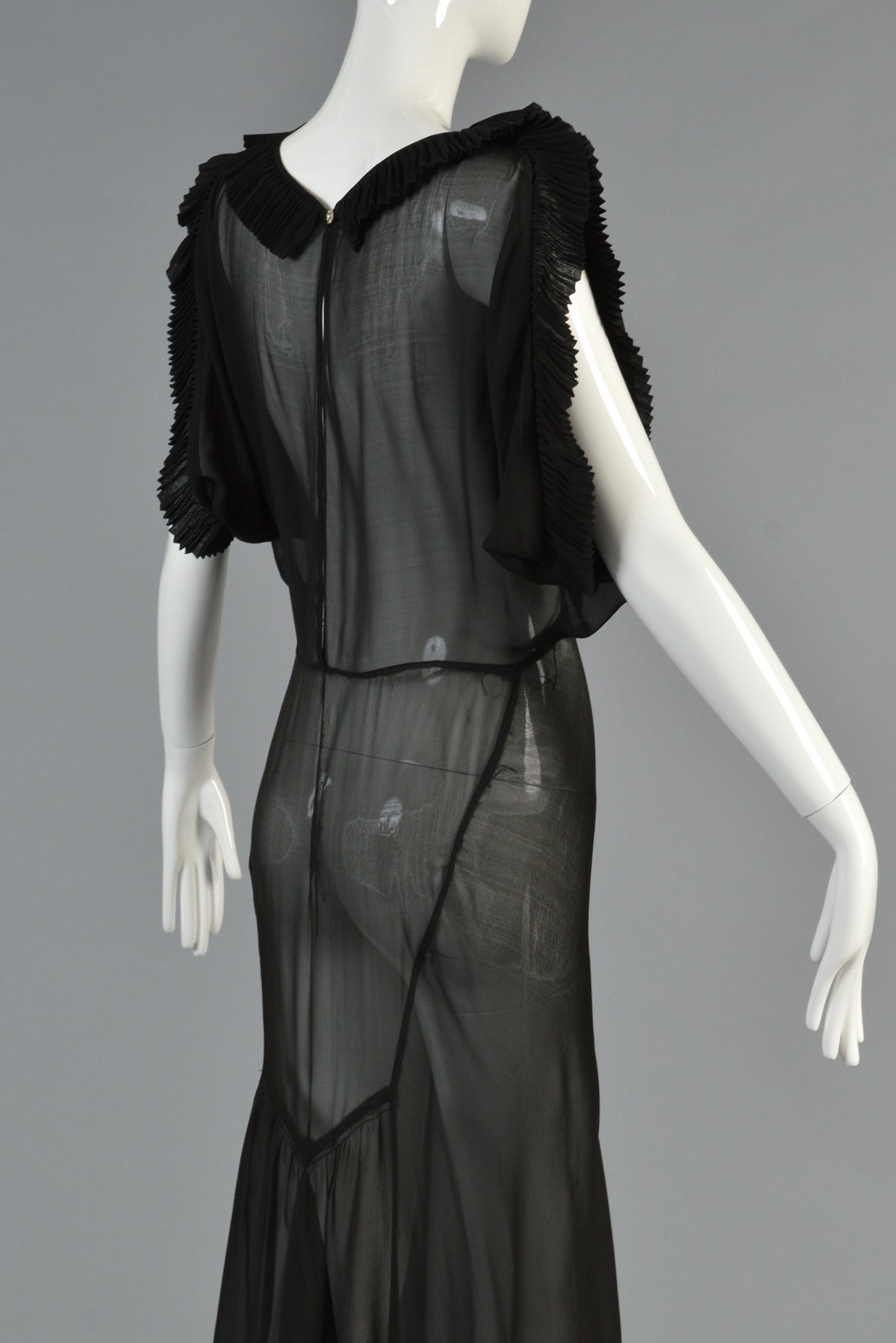 1930's Black Sheer Evening Gown with Open Draped Sleeves For Sale 5