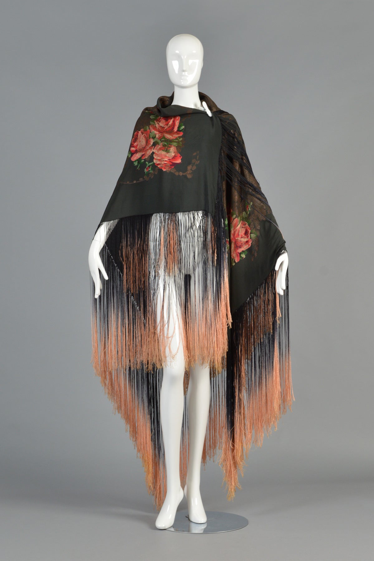 Black 1920s Silk Lamé Floral Piano Shawl with Fringe For Sale