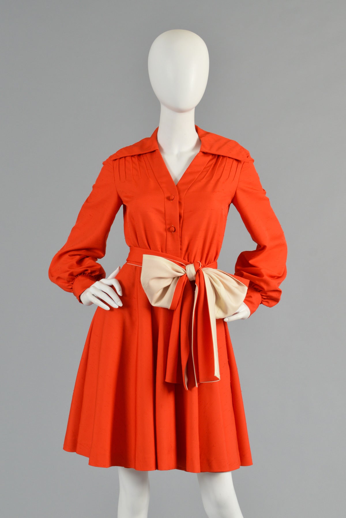 Red 1970's Geoffrey Beene Silk Dress with Contrasting Sash For Sale
