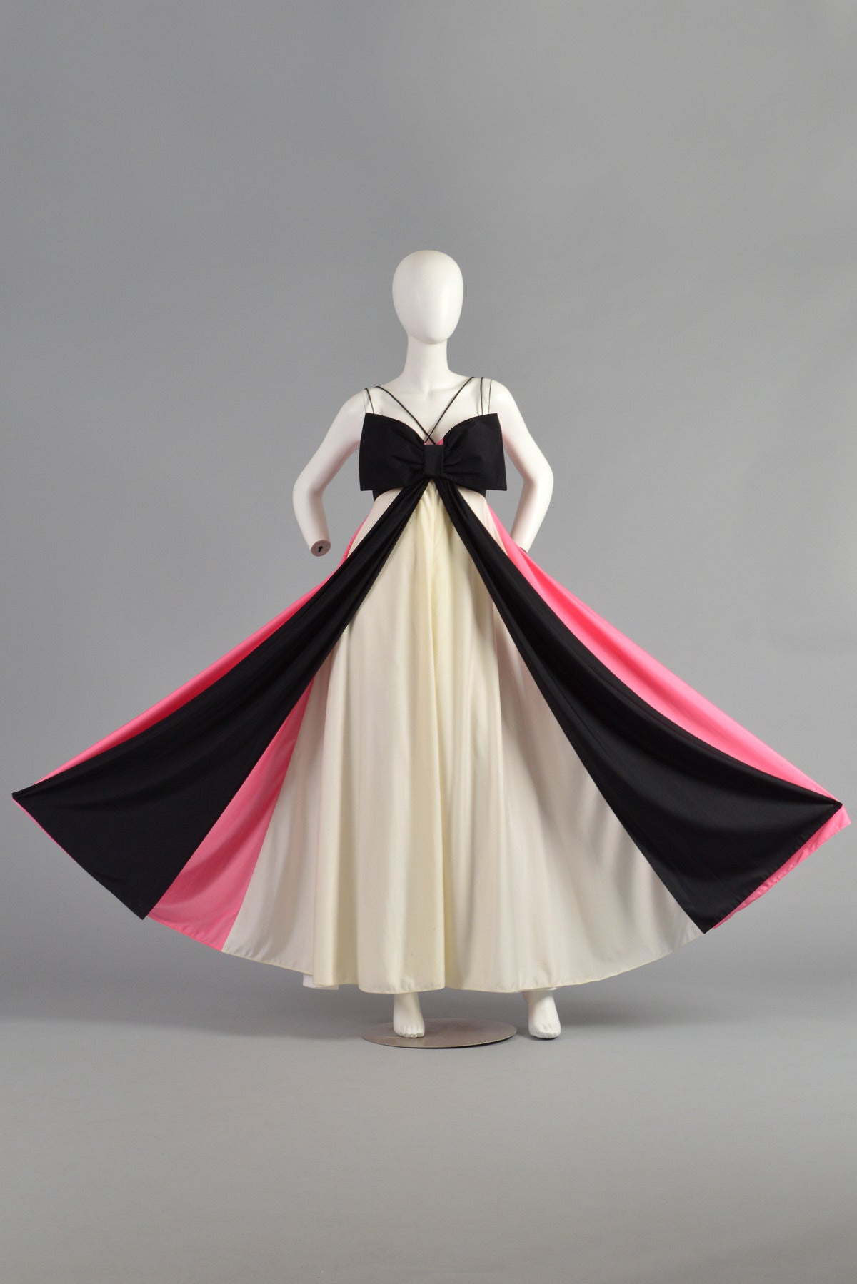 Pink Les Wilk 1970's Colorblock Evening Gown with Massive Bow For Sale