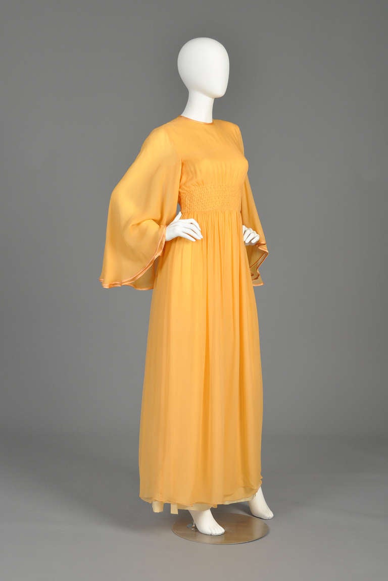 Hanae Mori 1970s Silk Chiffon Gown with Angel Sleeves 1