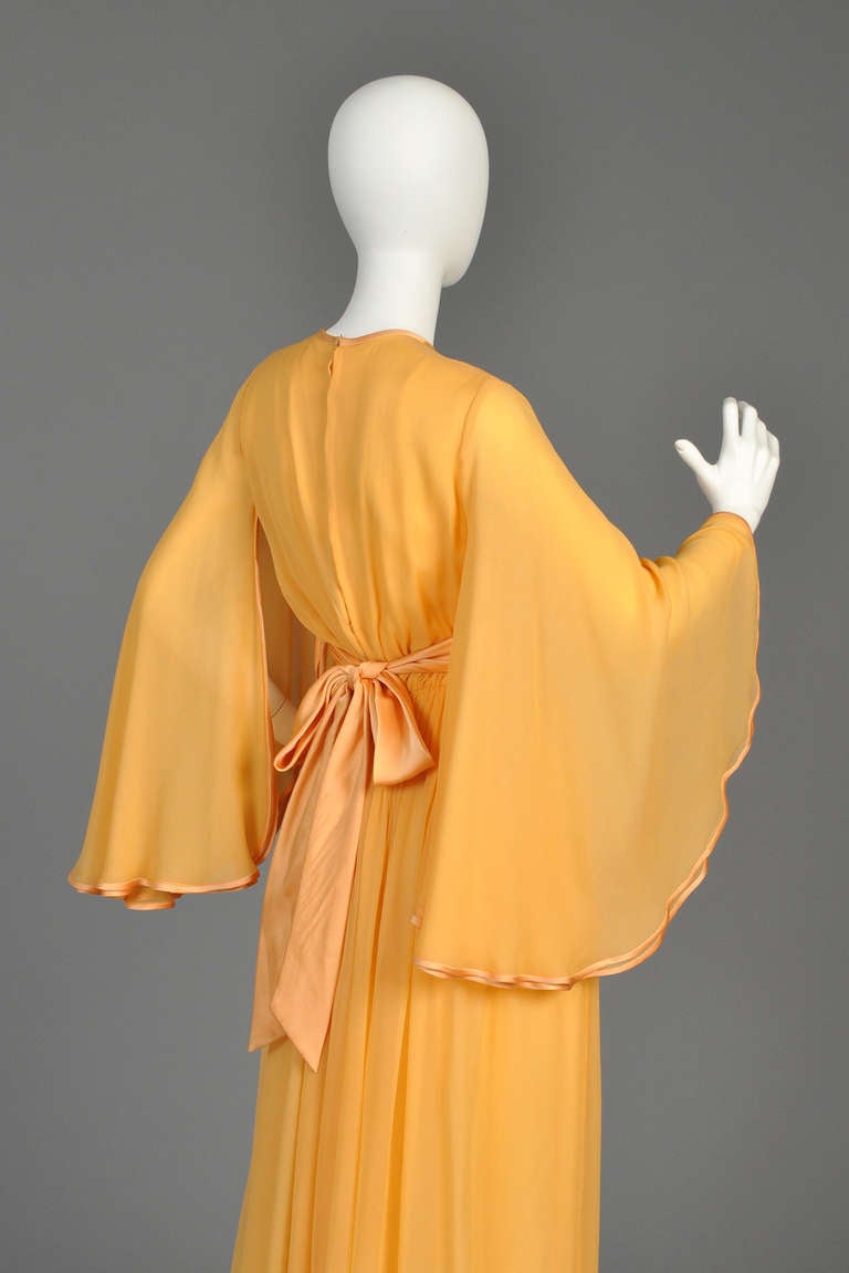 Hanae Mori 1970s Silk Chiffon Gown with Angel Sleeves 3
