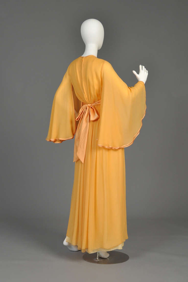 Hanae Mori 1970s Silk Chiffon Gown with Angel Sleeves 4