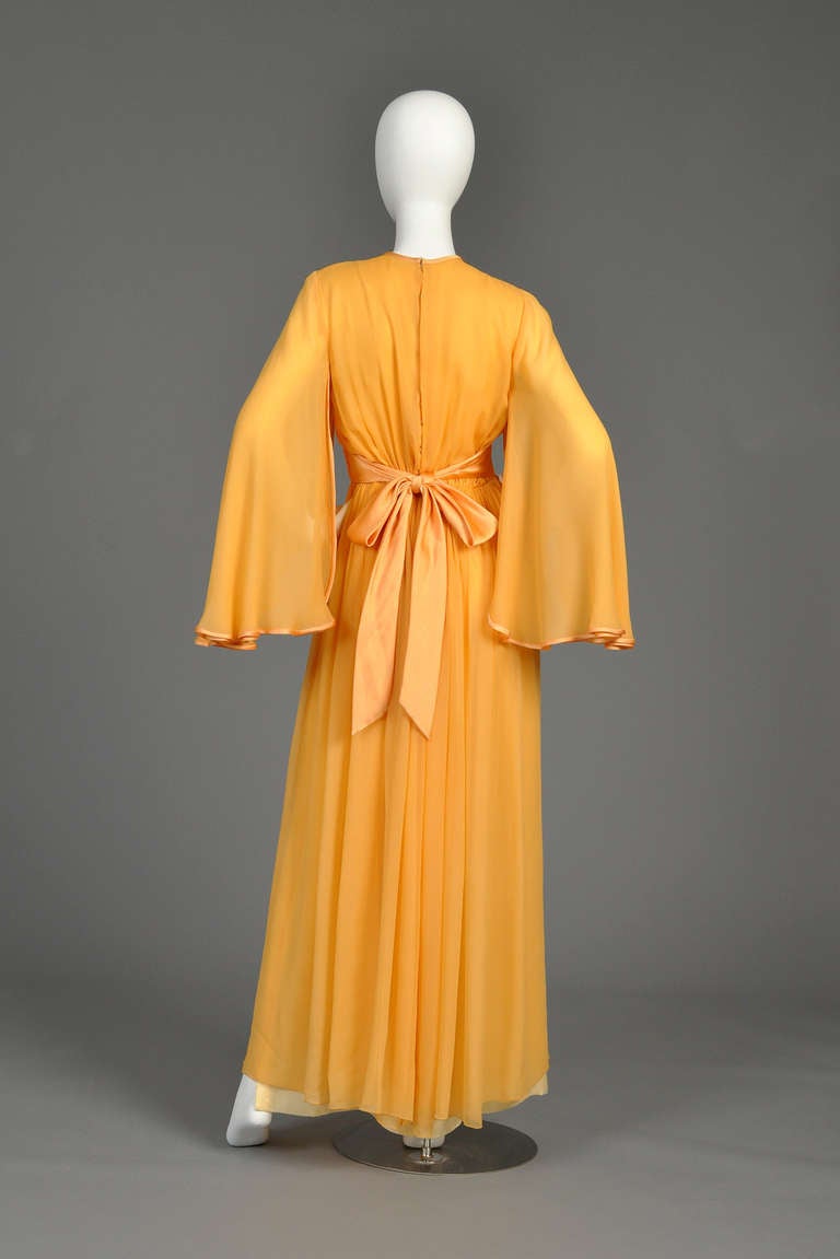 Hanae Mori 1970s Silk Chiffon Gown with Angel Sleeves 5