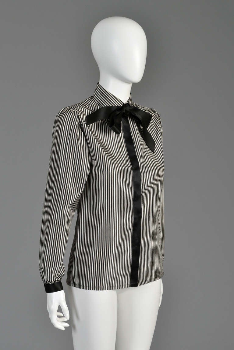 Black Chanel Silk Pinstripe Blouse with Ascot For Sale