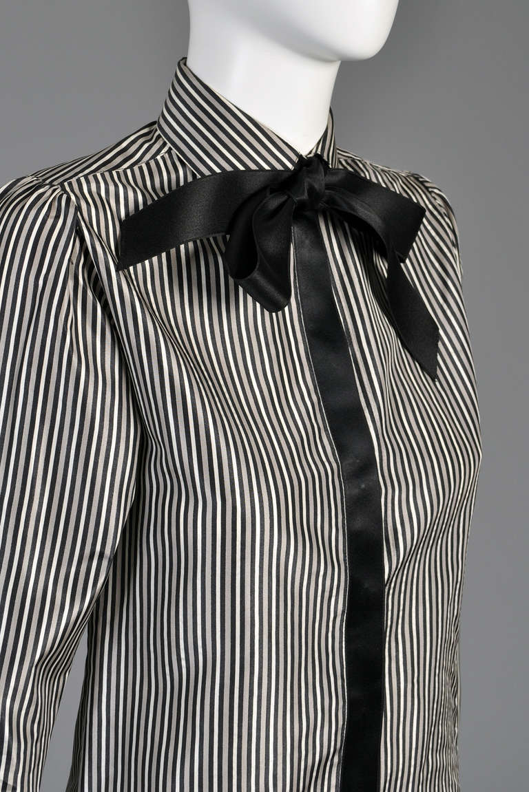 Chanel Silk Pinstripe Blouse with Ascot In Excellent Condition For Sale In Yucca Valley, CA