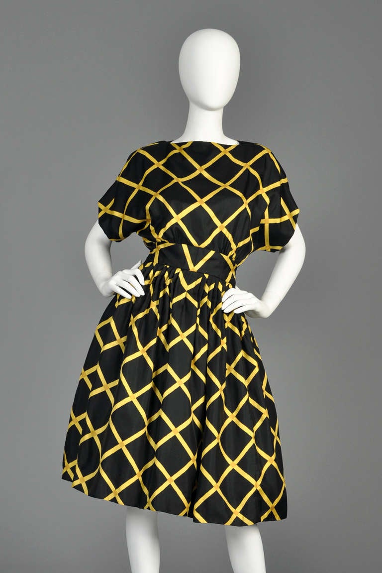 Black 1960s Pauline Trigere Graphic Silk Party Dress