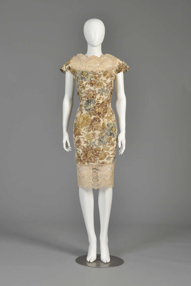 SO cute! Vintage Valentino silk + lace floral cocktail dress. Cream/sand colored silk dress with ink + watercolor floral pattern. Stunning scalloped sheer lace panels at yoke + hem. Classic Valentino femininity. * please note - this dress was