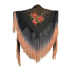 Antique 1920s Silk Lamé Floral Piano Shawl with Fringe