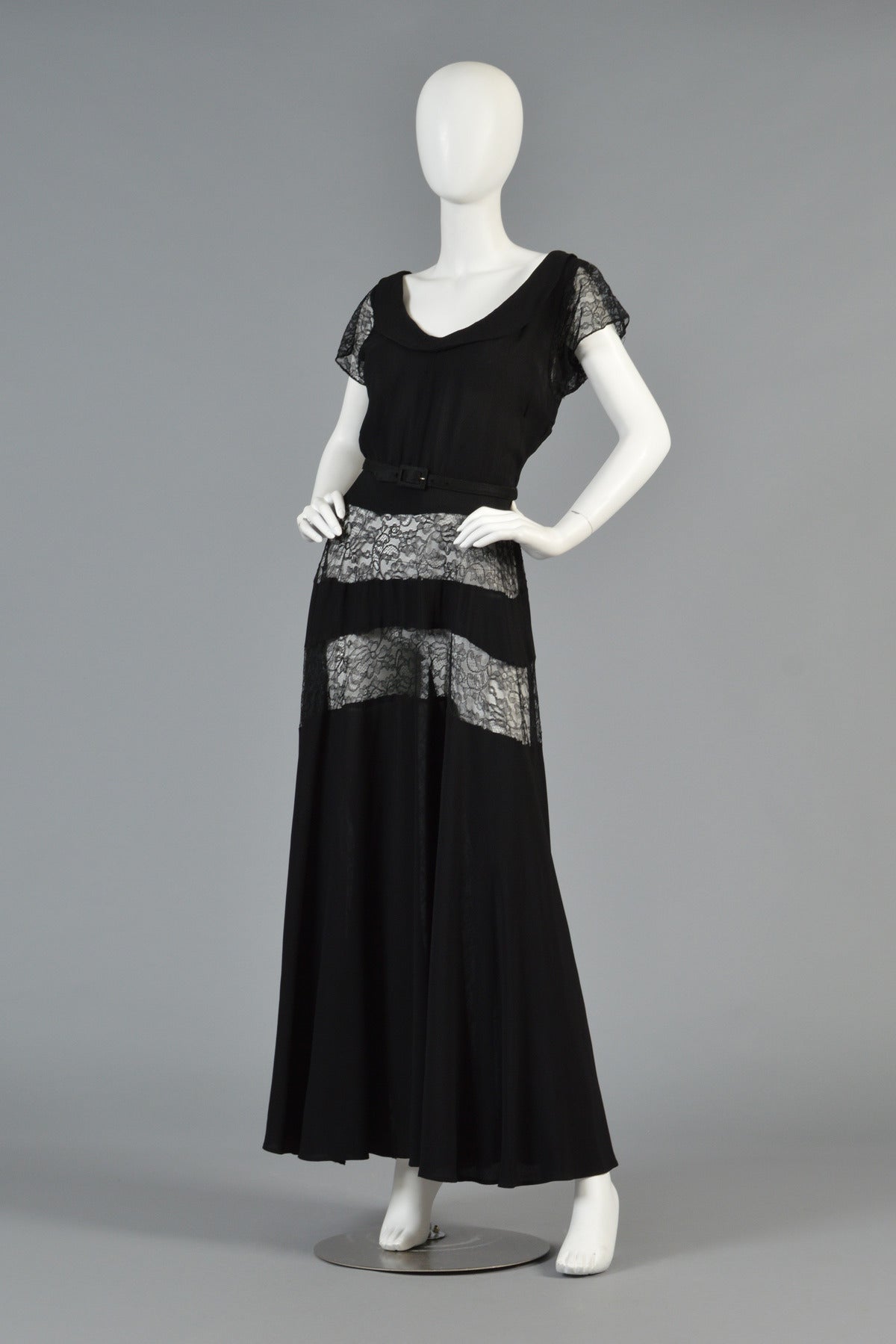 Women's 1940s Black Rayon Crepe + Lace Insert Panel Evening Gown For Sale