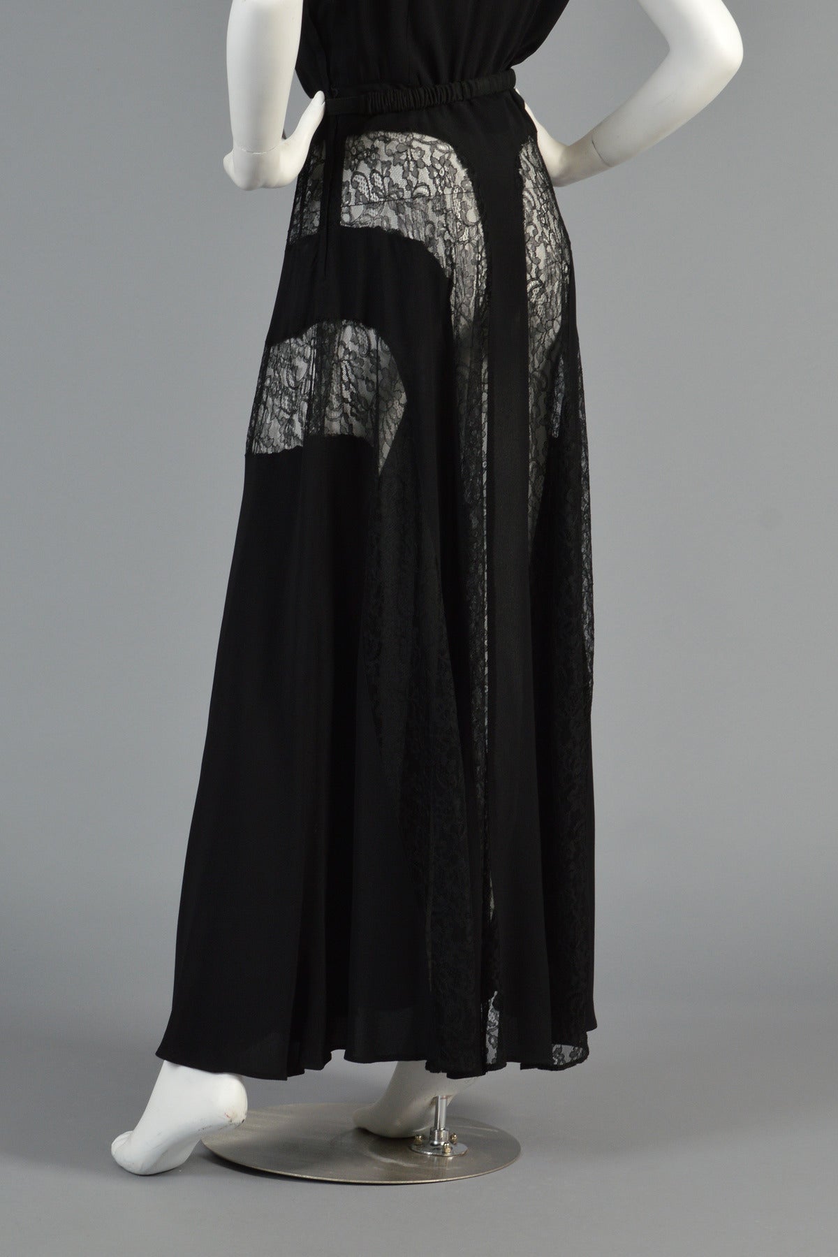 1940s Black Rayon Crepe + Lace Insert Panel Evening Gown For Sale 3