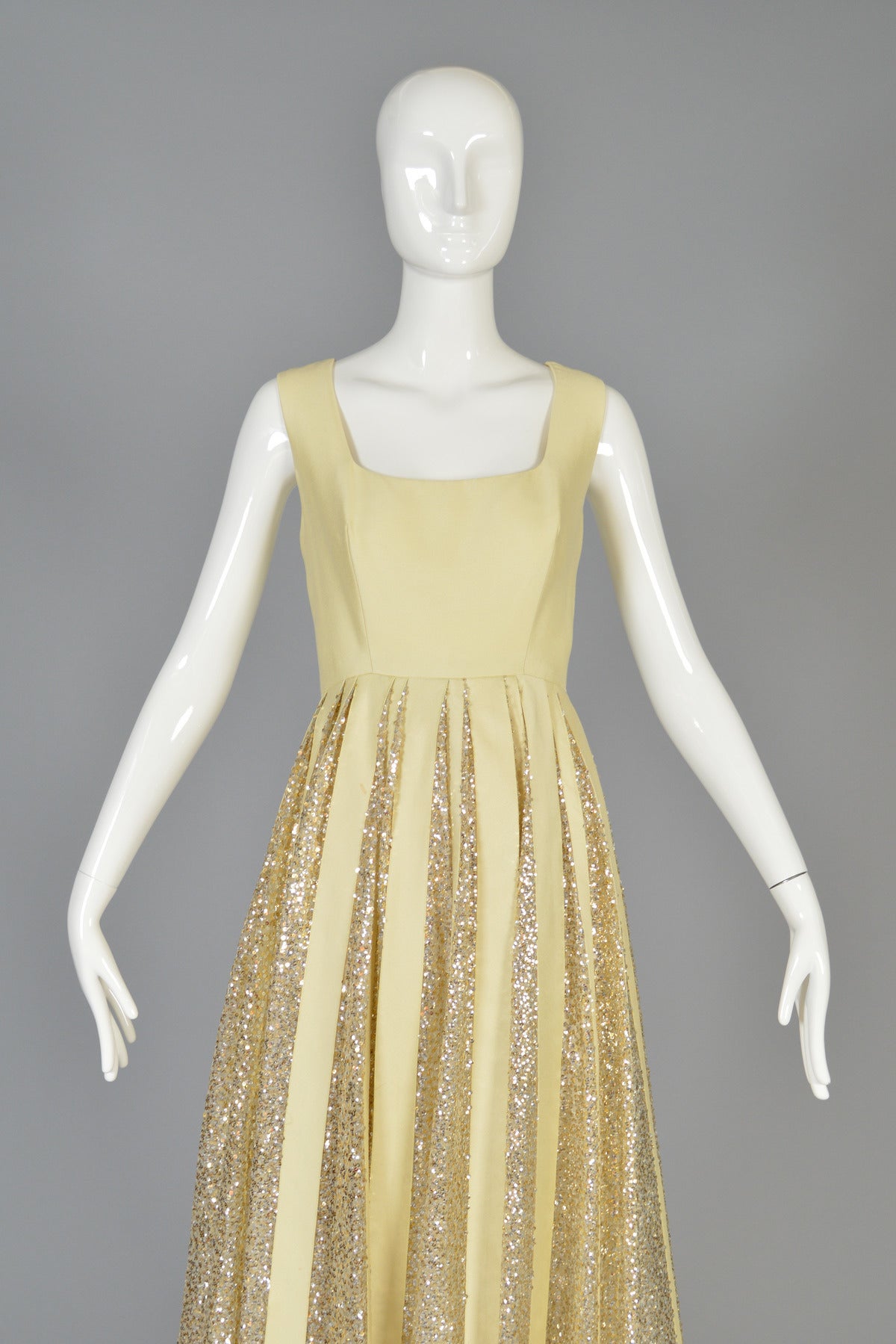 Elegant 1960's Shantung + Striped Sequins Evening Dress In Excellent Condition In Yucca Valley, CA