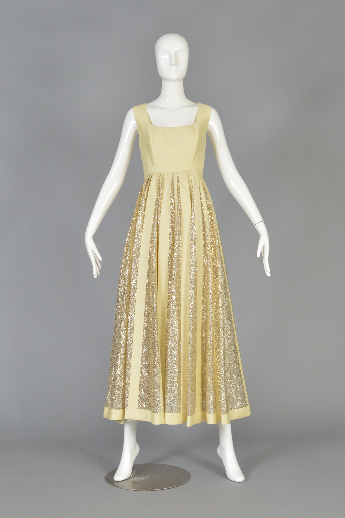 Beige Elegant 1960's Shantung + Striped Sequins Evening Dress