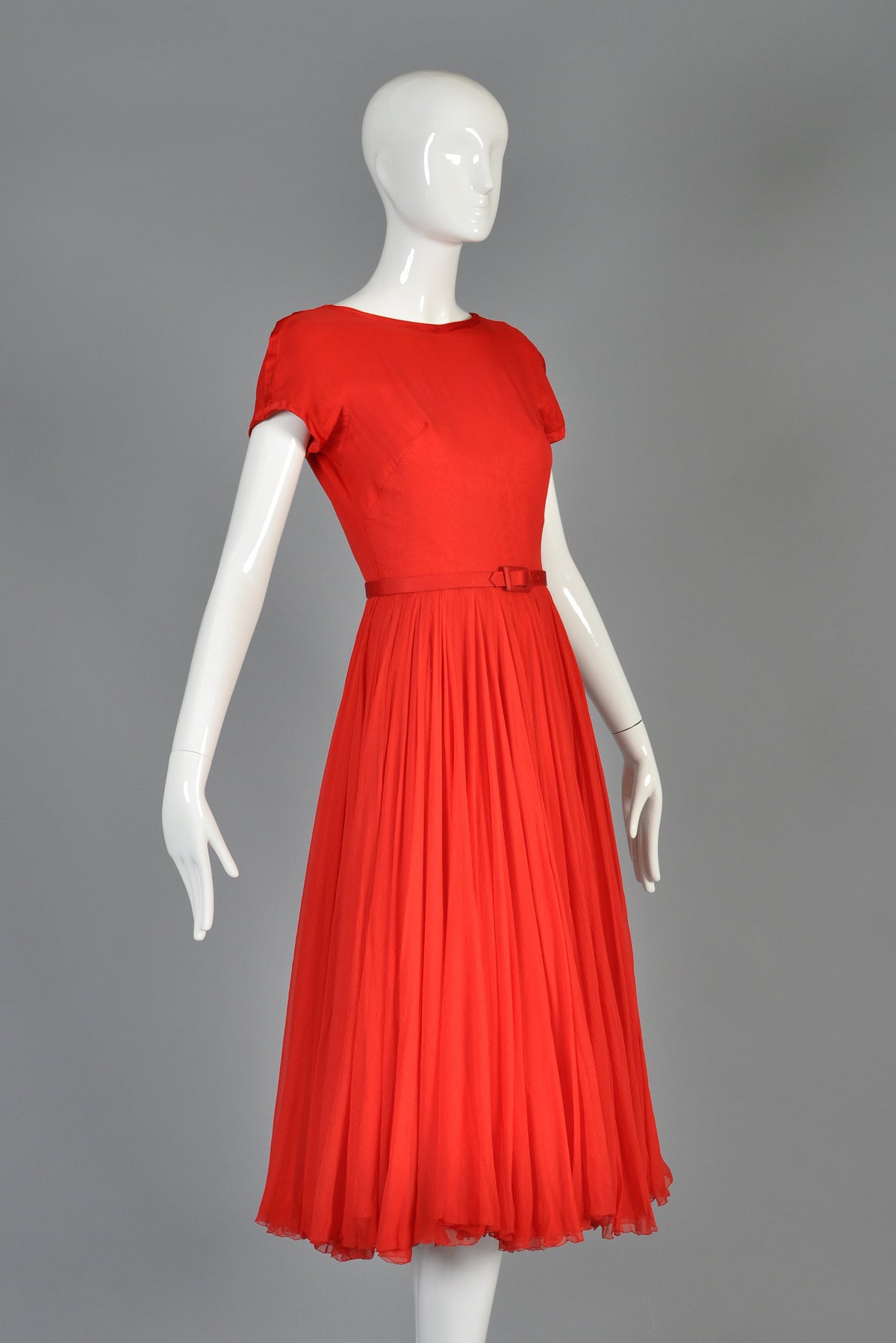 Circa 1951 James Galanos Cherry Red Silk Chiffon Party Dress 1