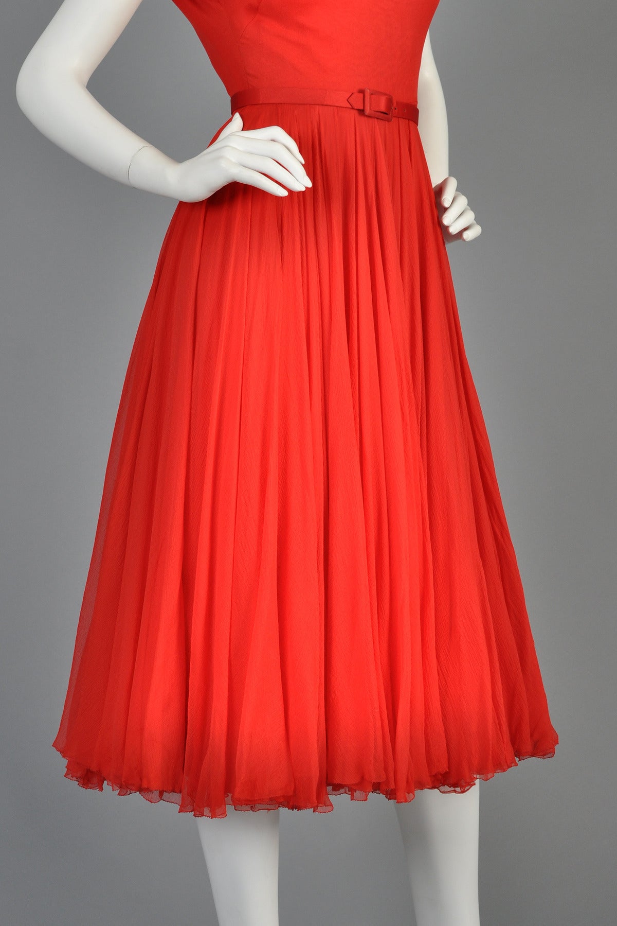 Circa 1951 James Galanos Cherry Red Silk Chiffon Party Dress 3