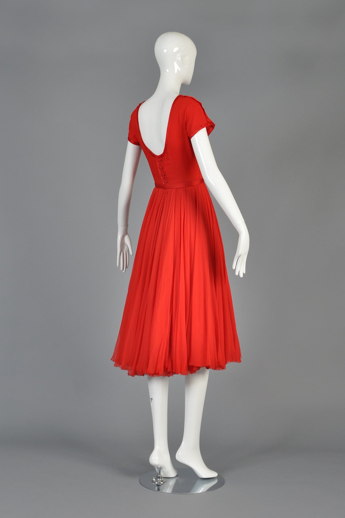 Circa 1951 James Galanos Cherry Red Silk Chiffon Party Dress 4