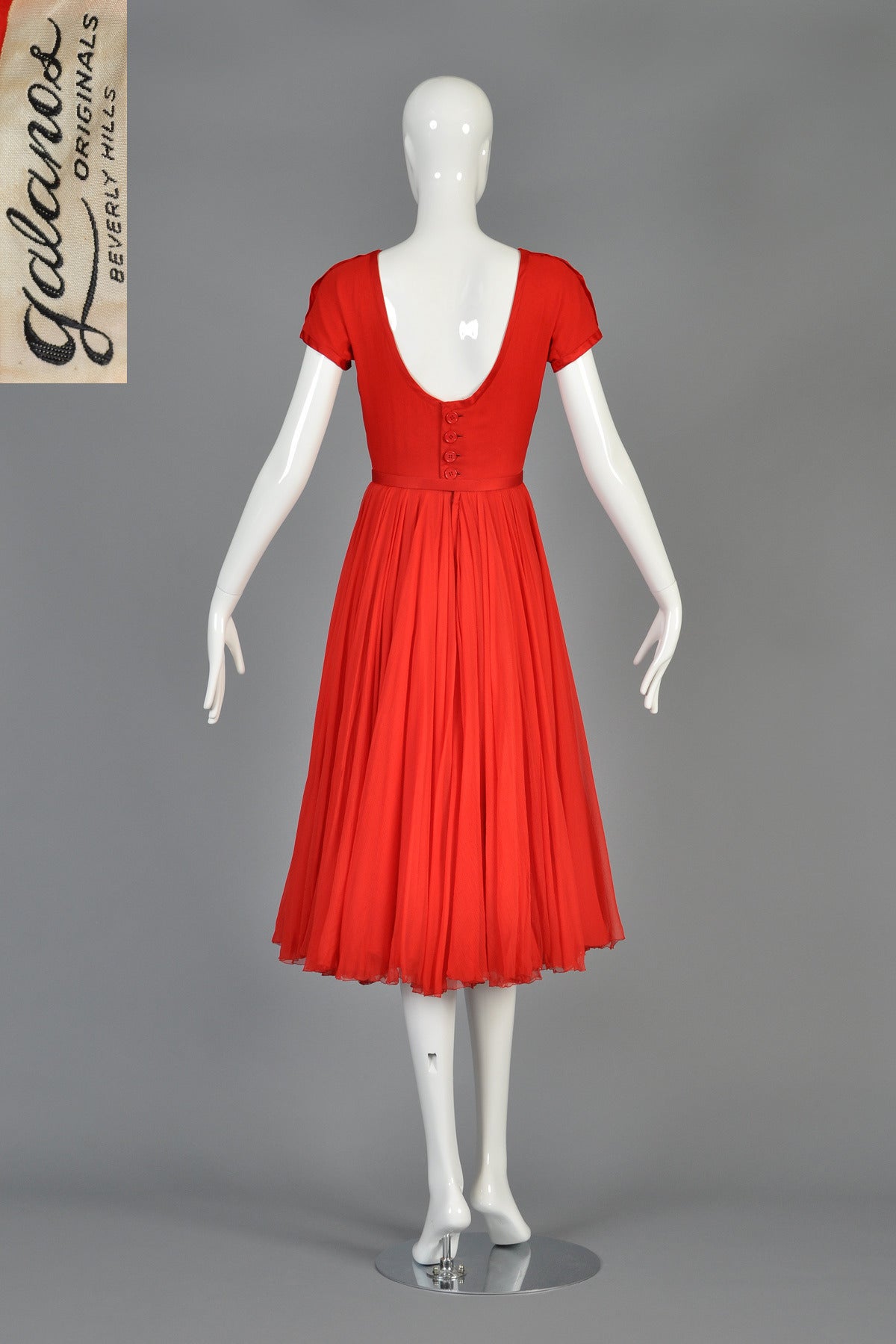 Circa 1951 James Galanos Cherry Red Silk Chiffon Party Dress 6